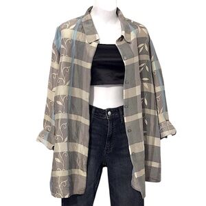 Jessica Holbrook Silk Oversized Striped Plaid Printed Button Down Shirt XXL